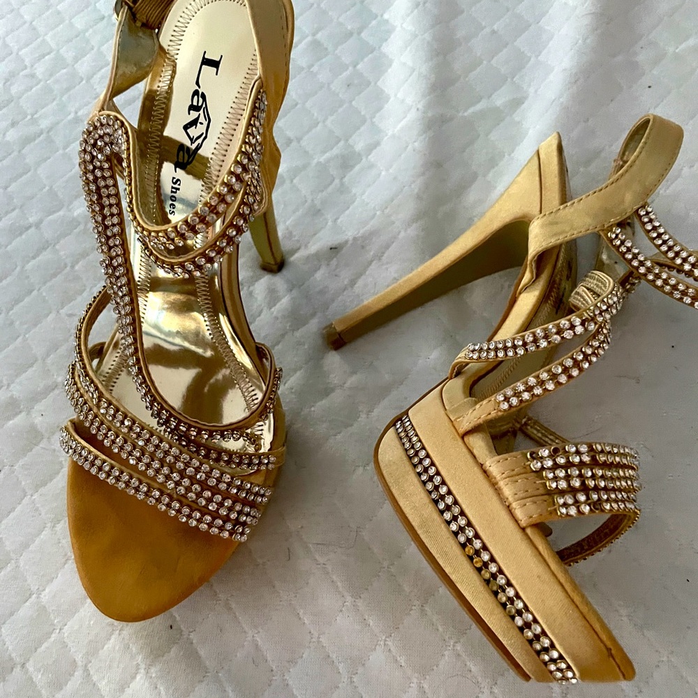 Jewel adorned evening shoes.